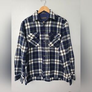 Vintage Woodland Plaid Flannel Shirt Mens Button Blue  Size L Lumberjack